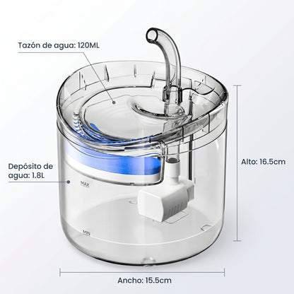 Fuente de Agua para Gatos Recargable USB | 1.8L | Filtro Incluido | Diseño Transparente | Bebedero